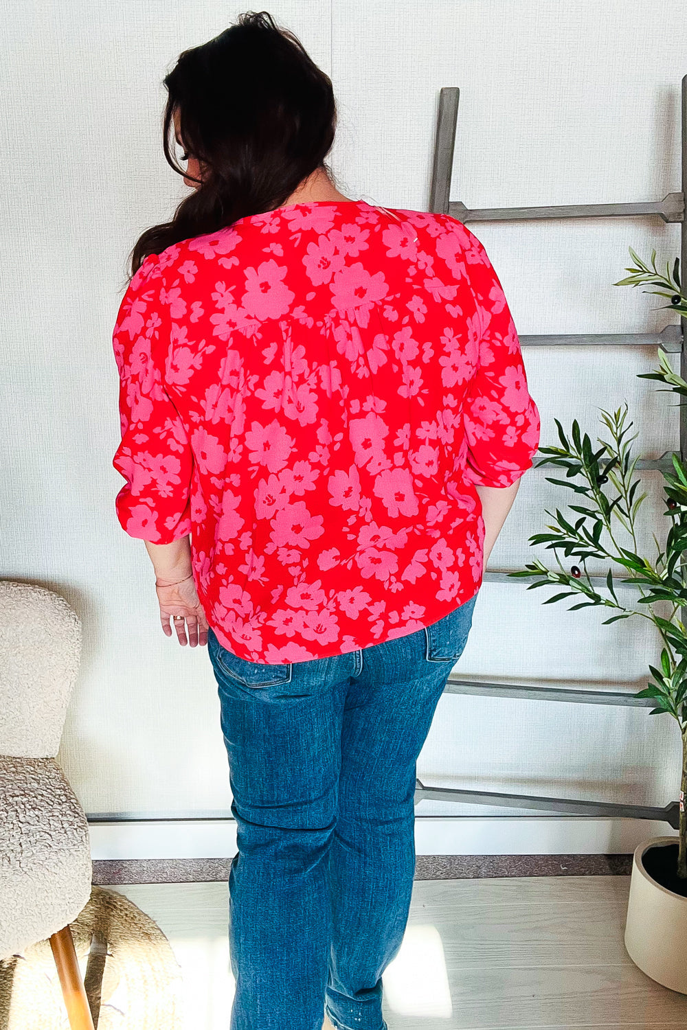 New Day Red Ribbon Bow Detail Floral Woven Blouse