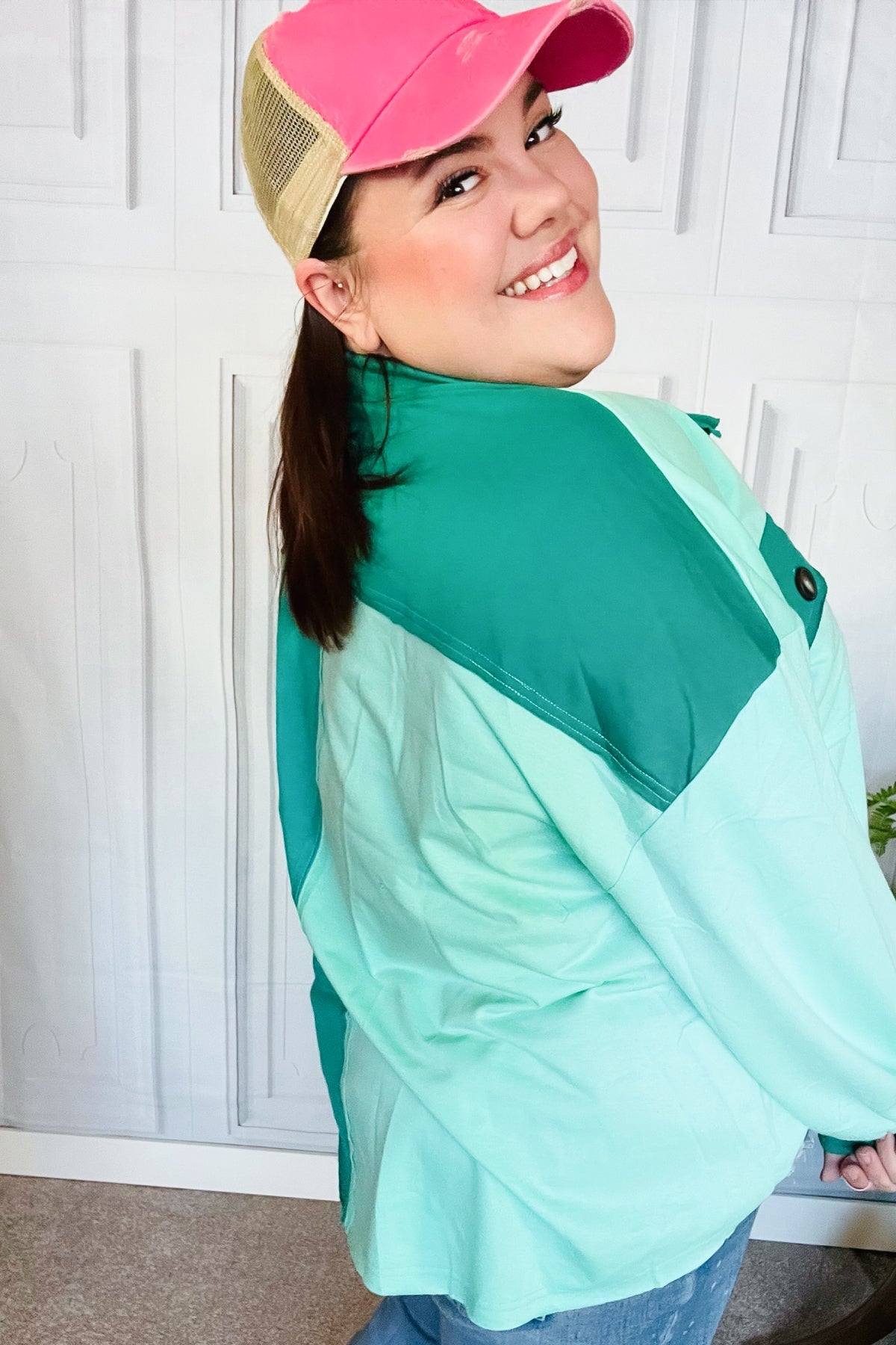 On The Way Up Mint Color Block Button Down Pullover