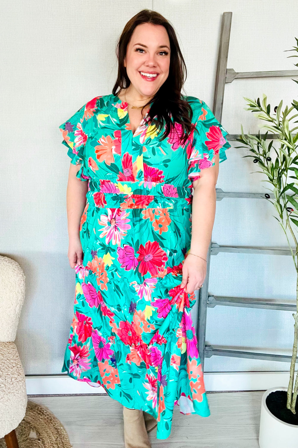 Hello Beautiful Multicolor Tropical Floral Smock Waist Maxi Dress