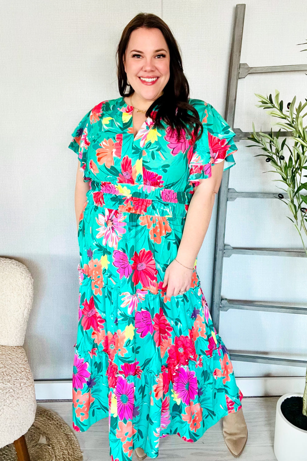 Hello Beautiful Multicolor Tropical Floral Smock Waist Maxi Dress