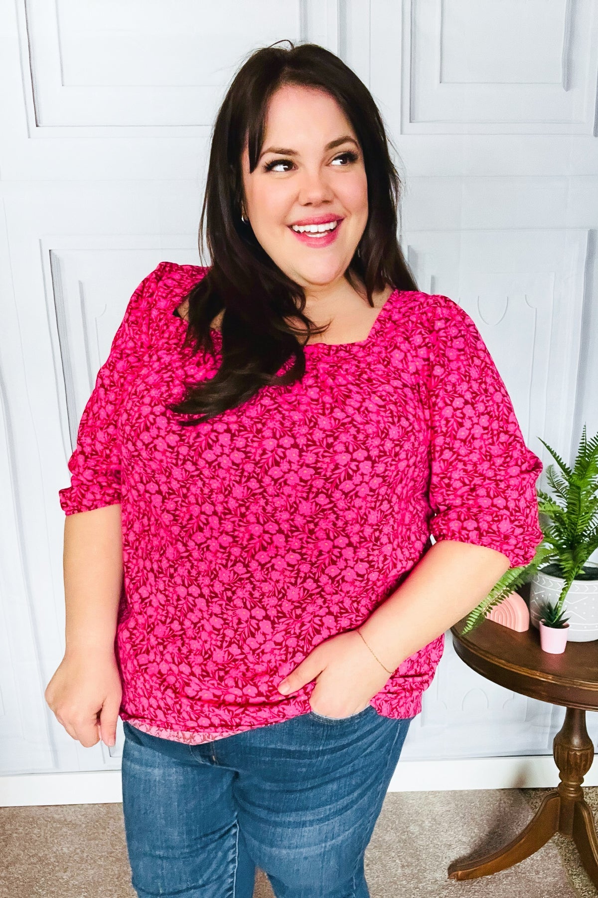 Perfectly You Fuchsia Floral Three Quarter Sleeve Square Neck Top