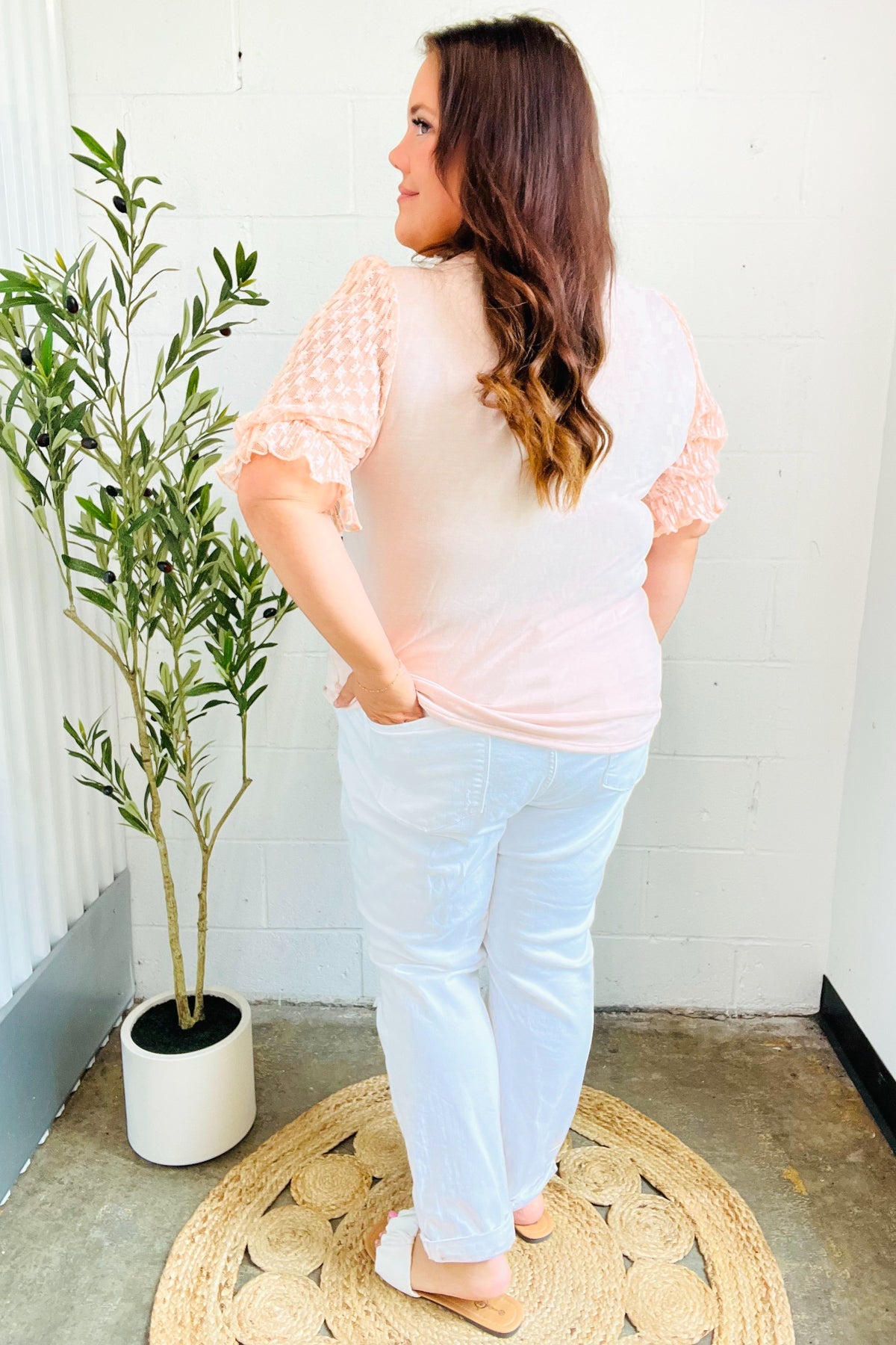 Pretty In Peach French Terry Lace Sleeve Top