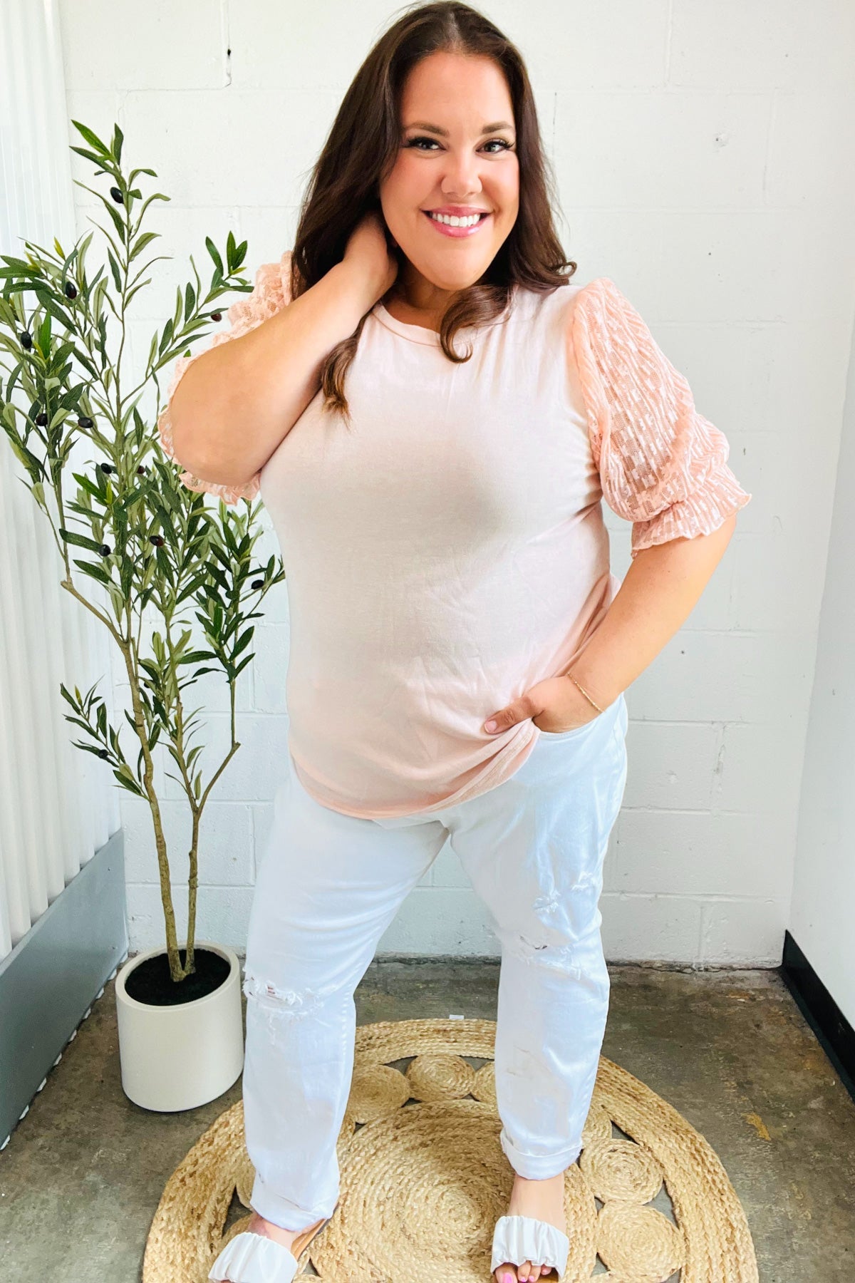 Pretty In Peach French Terry Lace Sleeve Top