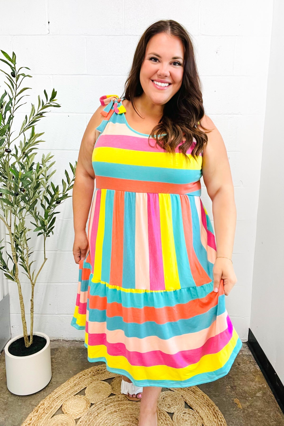 Start The Day Rainbow Stripe Shoulder Tie Tiered Dress