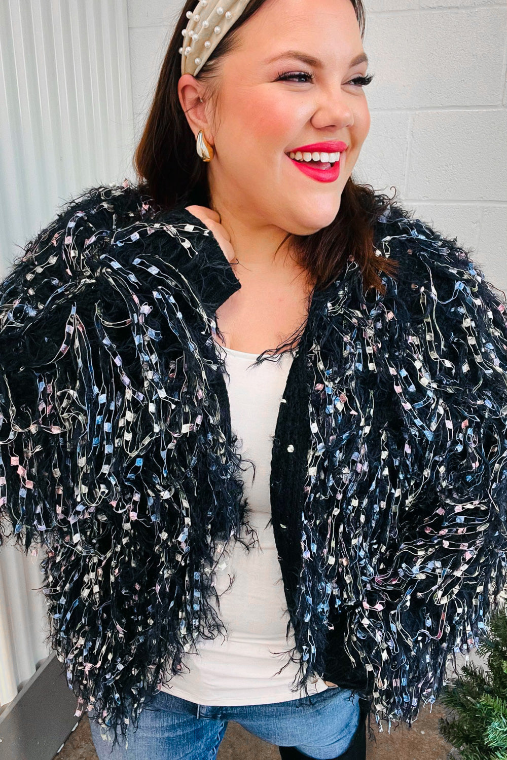 Dazzling Black & Multicolor Fuzzy Fringe Knit Cardigan