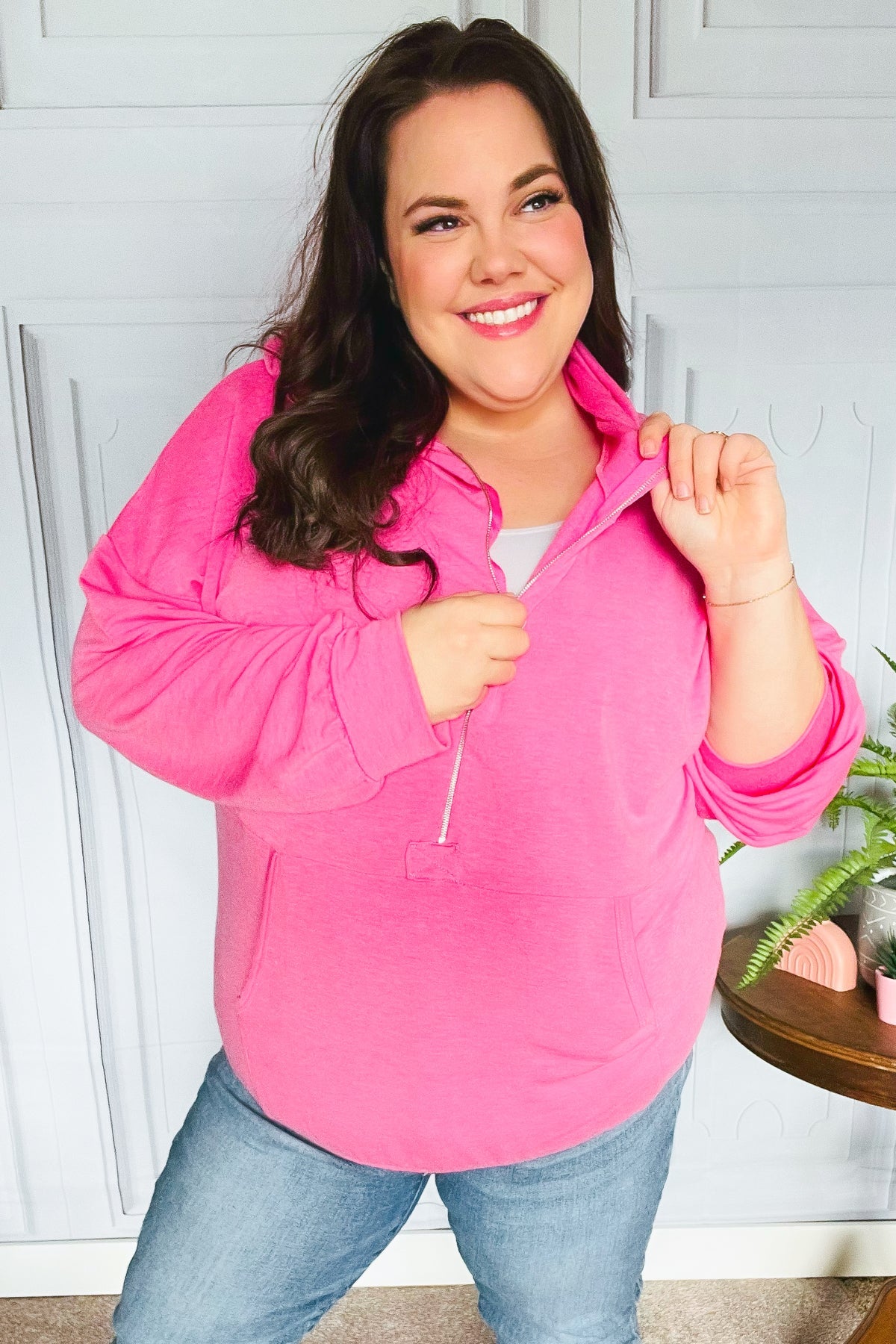 Ready to Relax Hot Pink Half Zip French Terry Hoodie