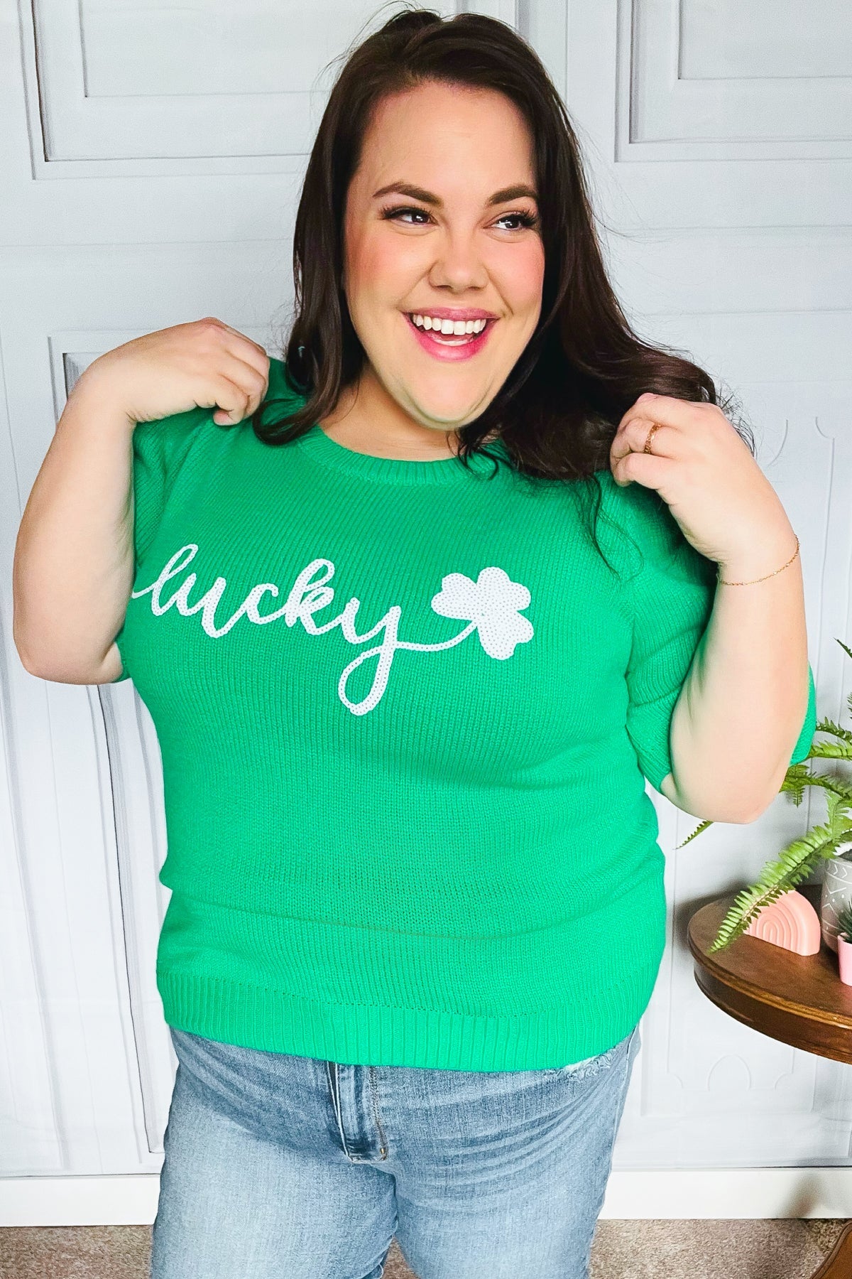 Lucky Lady Shamrock Green Sequin Puff Sleeve Knit Sweater Top