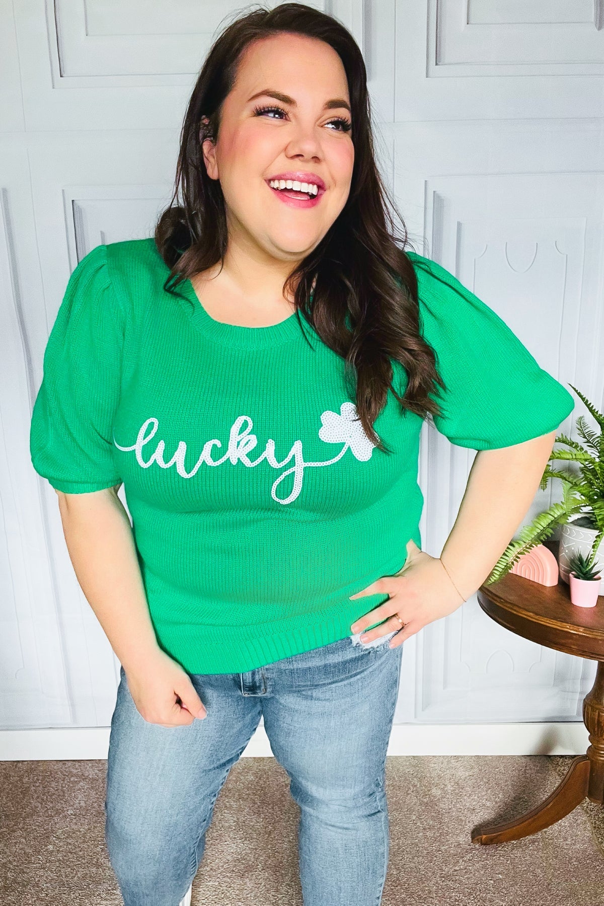 Lucky Lady Shamrock Green Sequin Puff Sleeve Knit Sweater Top