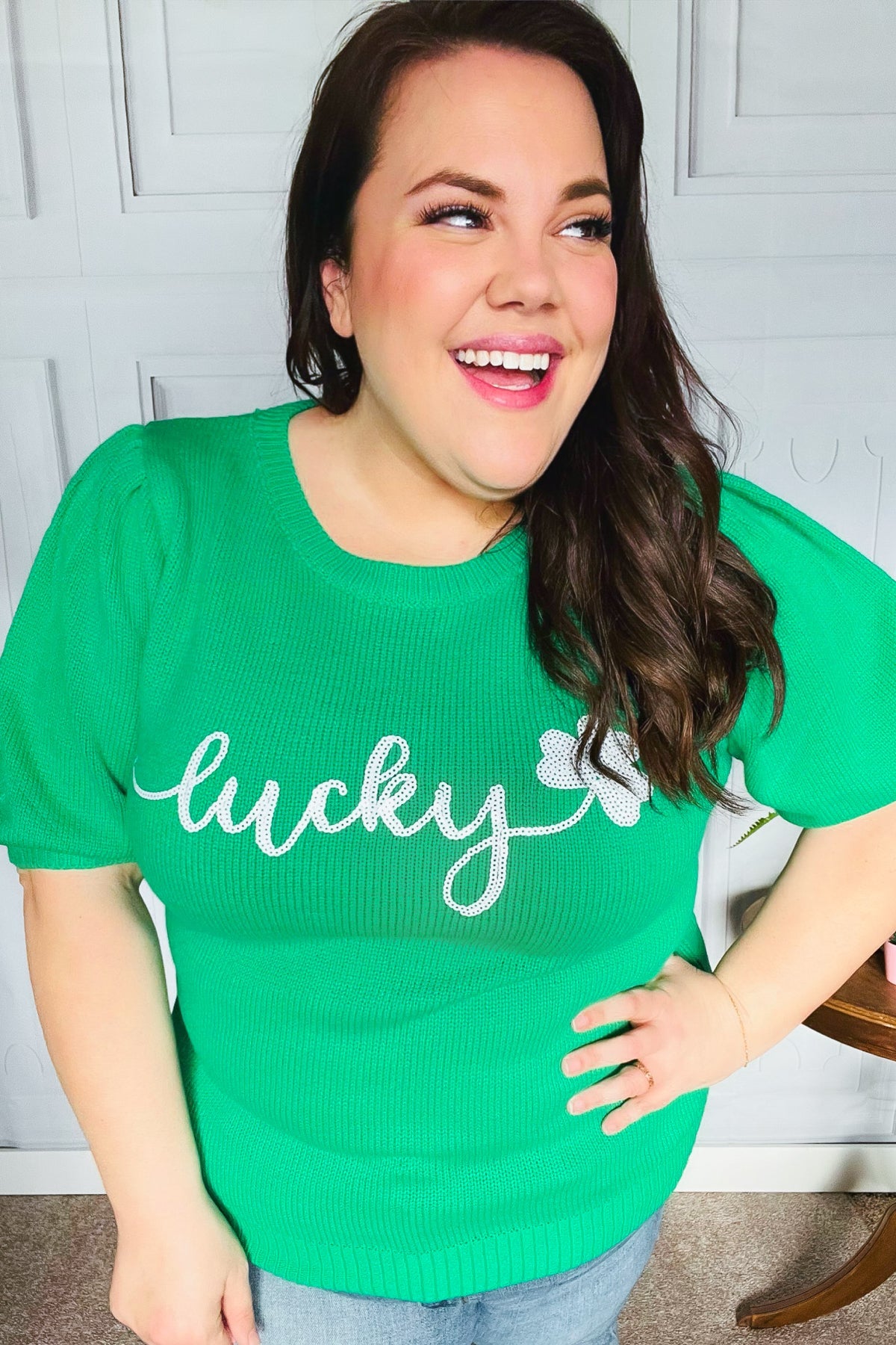 Lucky Lady Shamrock Green Sequin Puff Sleeve Knit Sweater Top