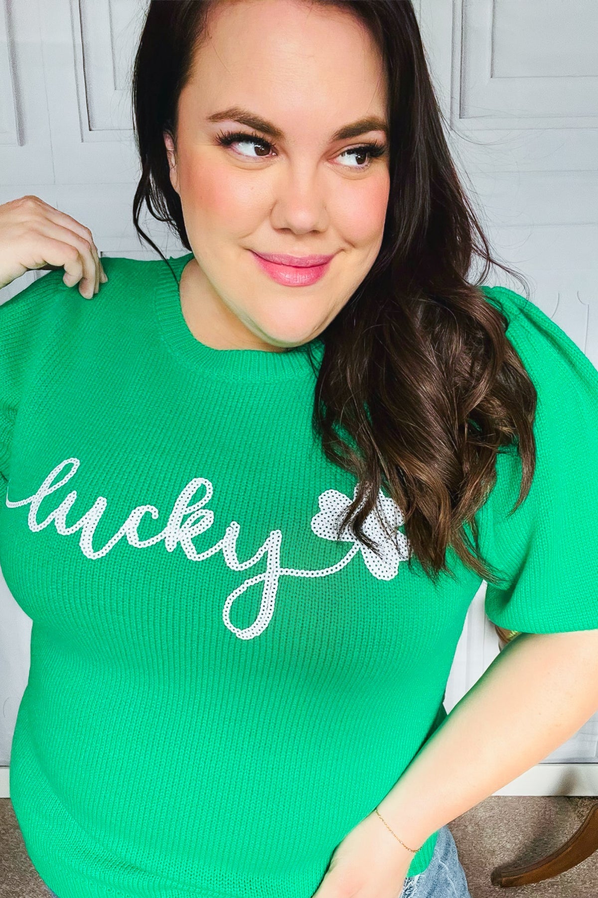 Lucky Lady Shamrock Green Sequin Puff Sleeve Knit Sweater Top