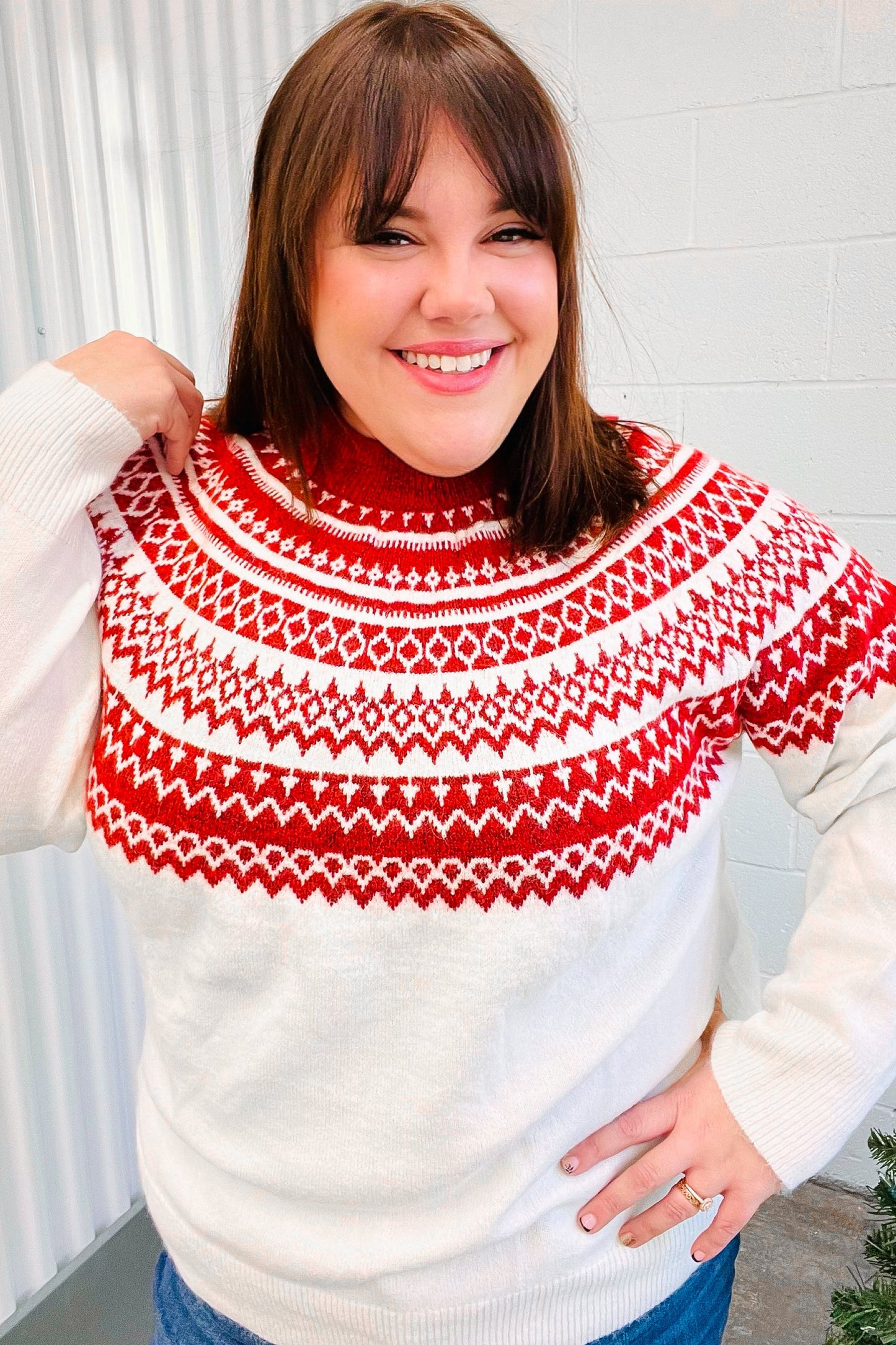 Feeling Festive Ivory & Red Fair Isle Mock Neck Sweater