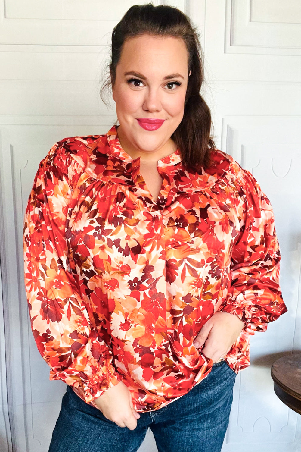 Fall Vibes Rust Floral Print Notched Neck Smocked Satin Top