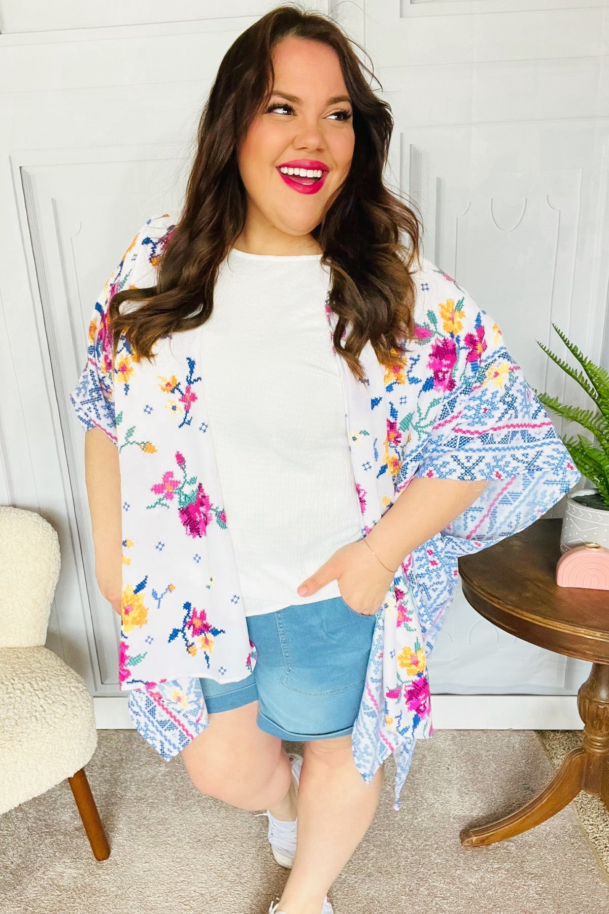 In Your Dreams Ivory Floral Border Print Open Kimono