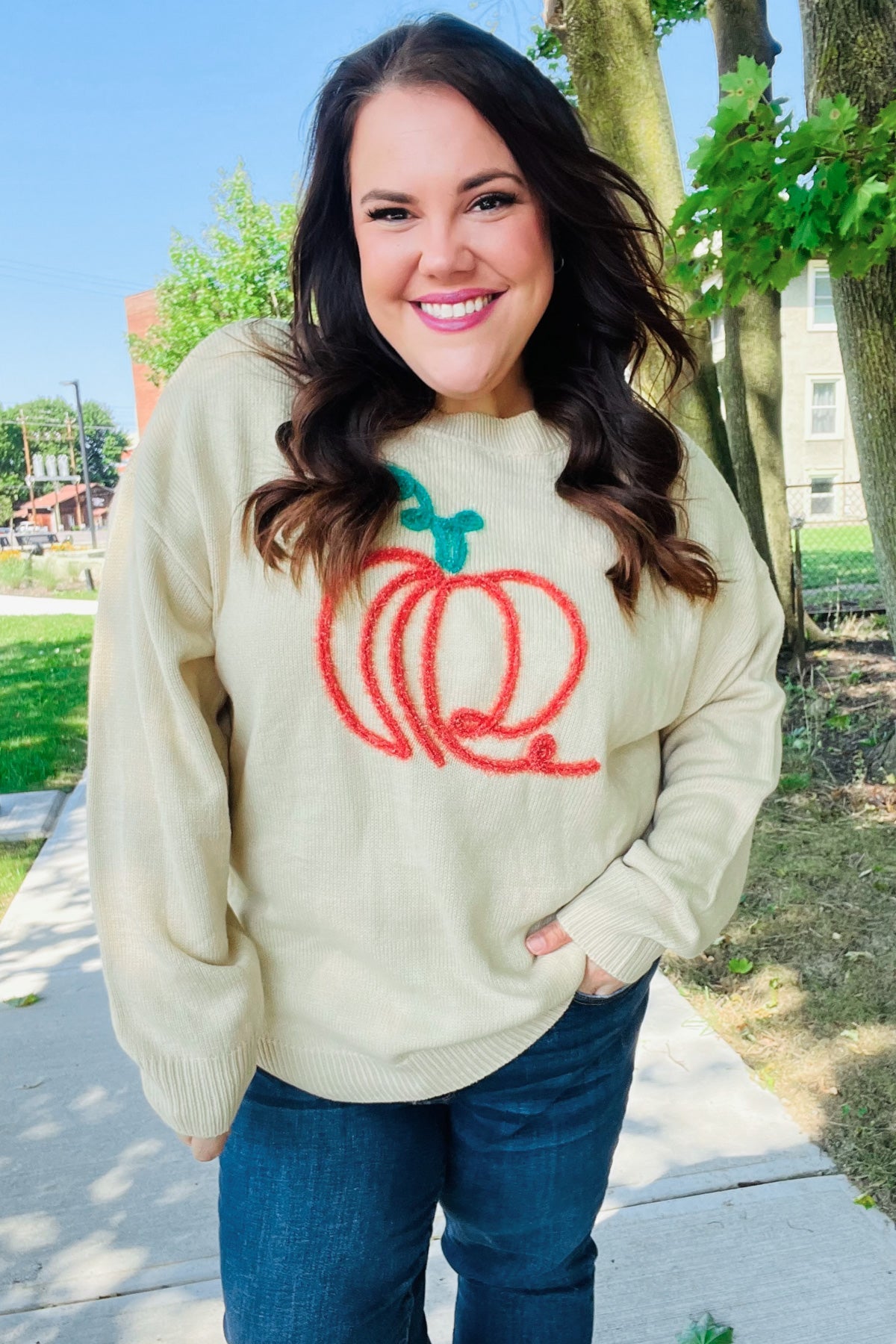 Pumpkin Spice Metallic Yarn Embroidered Oversized Sweater