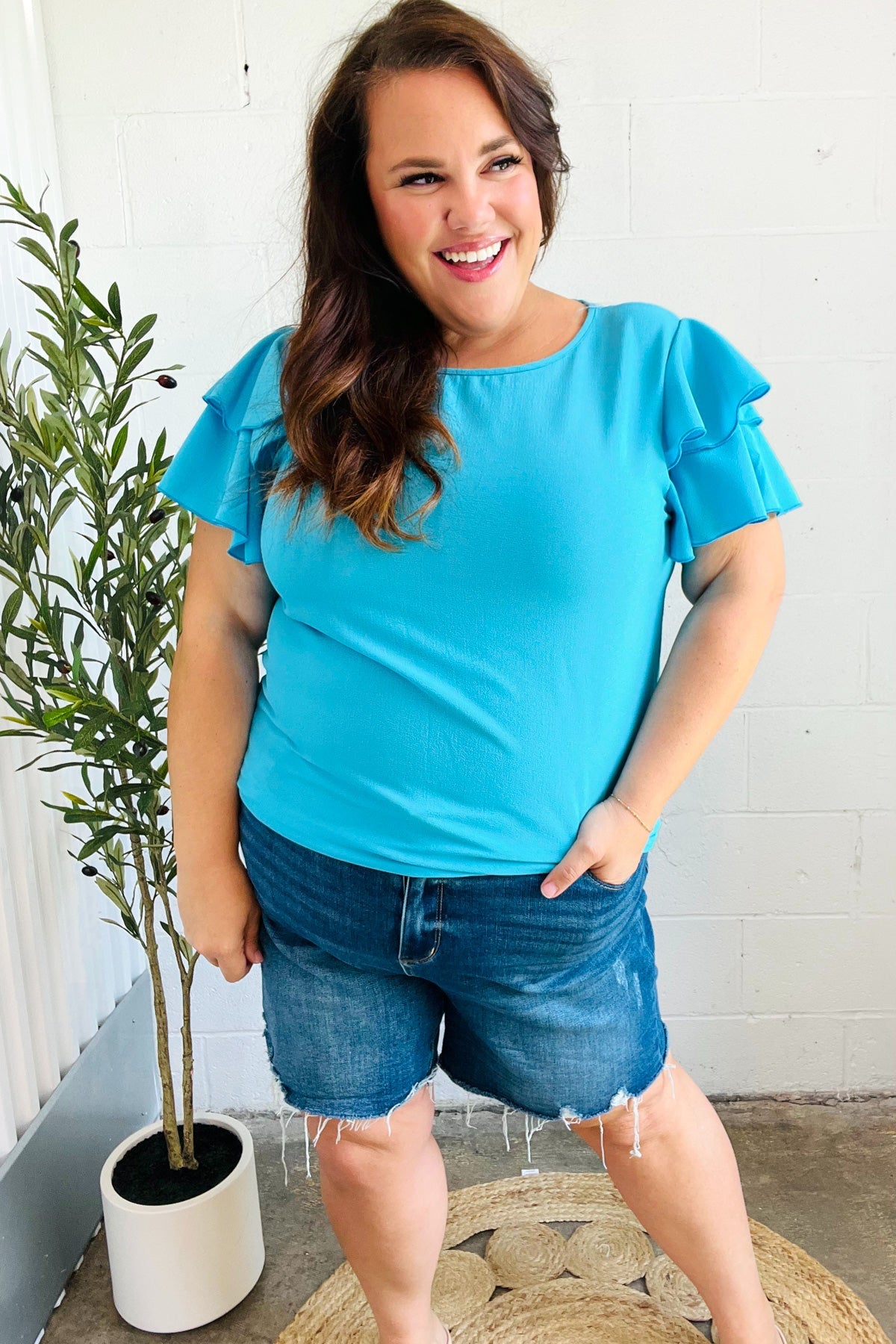 Lovely In Blue Tiered Double Ruffle Sleeve Woven Top