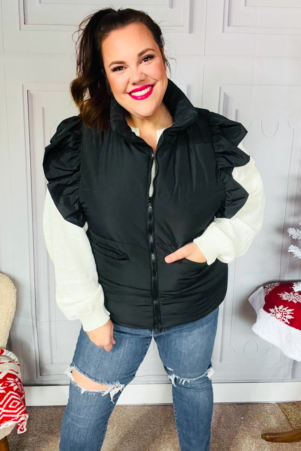 Feeling Festive Black Zipper Up Quilted Ruffle Sleeve Puffer Vest