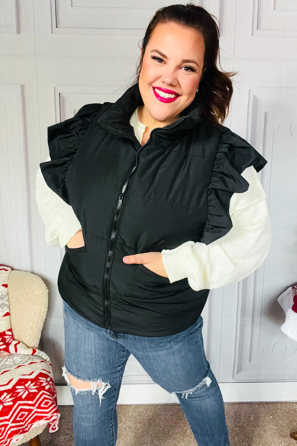 Feeling Festive Black Zipper Up Quilted Ruffle Sleeve Puffer Vest