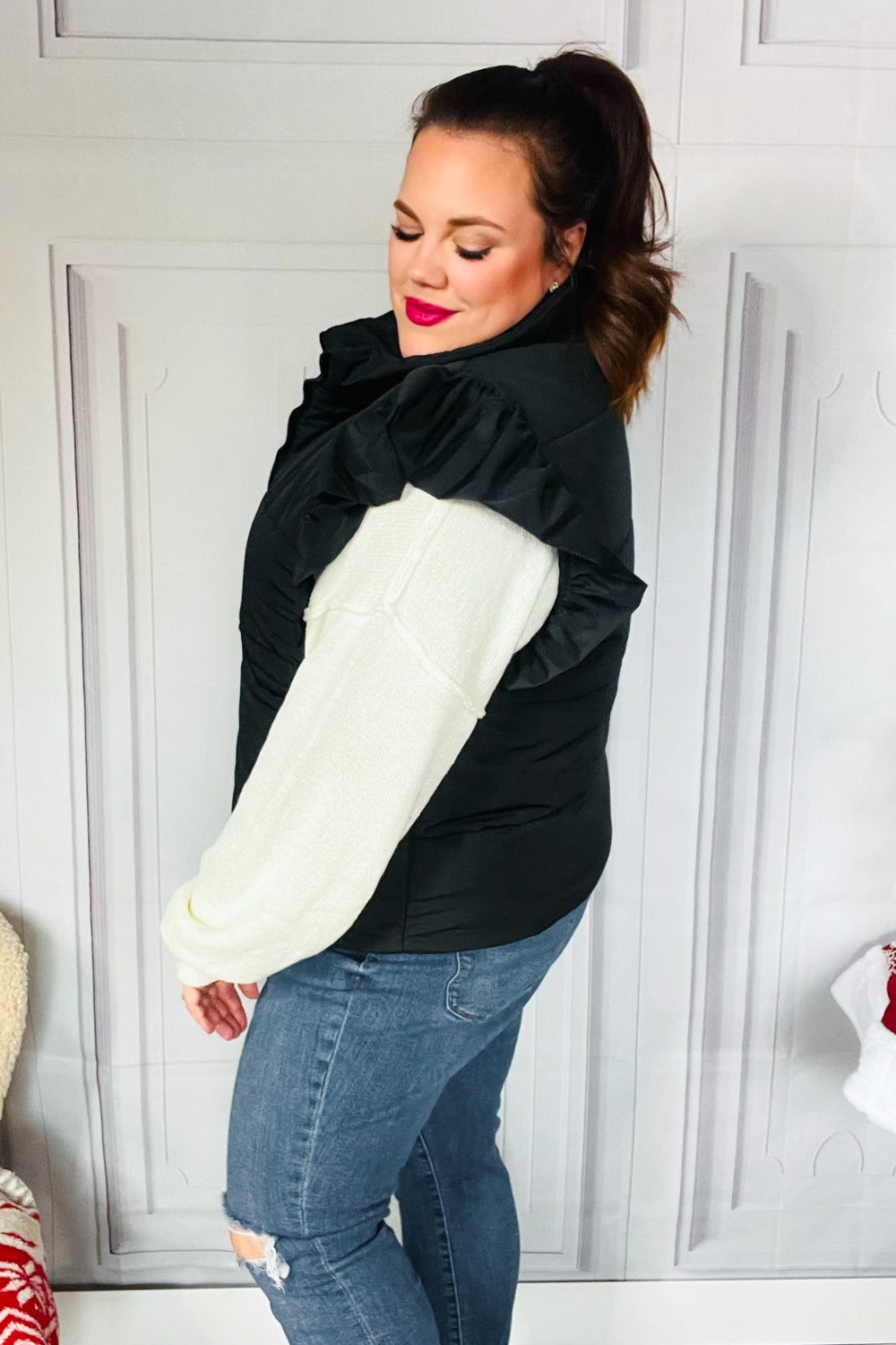 Feeling Festive Black Zipper Up Quilted Ruffle Sleeve Puffer Vest