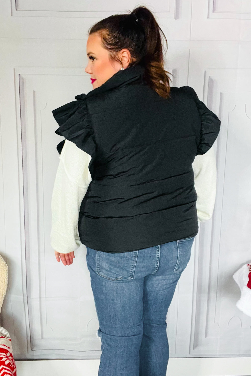 Feeling Festive Black Zipper Up Quilted Ruffle Sleeve Puffer Vest