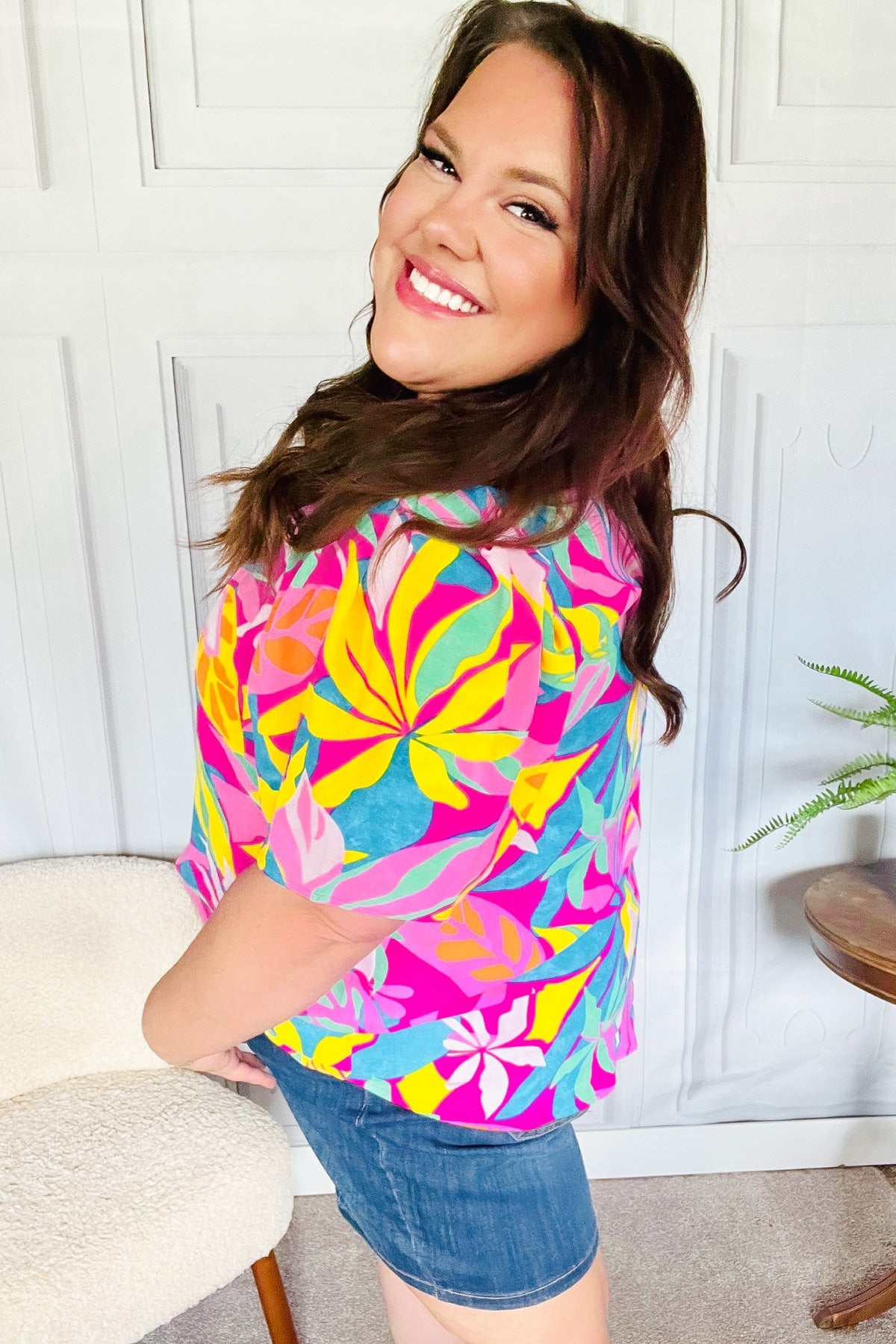 Vacay Ready Fuchsia Tropical Print Frill Mock Neck Top