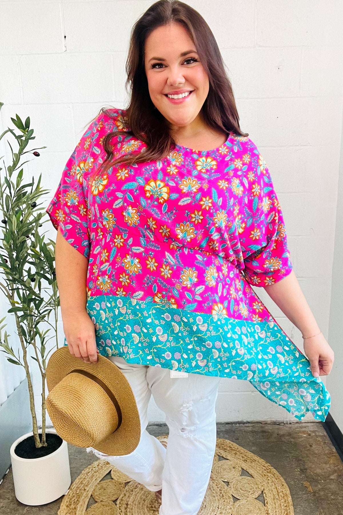 Vacay Ready Fuchsia Paisley Floral Dolman Sleeve Shark Bite Top