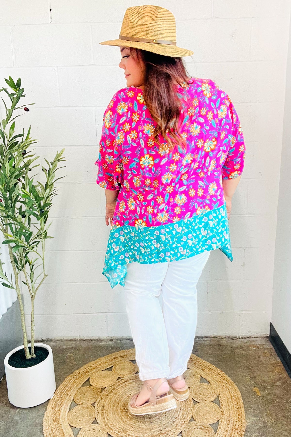 Vacay Ready Fuchsia Paisley Floral Dolman Sleeve Shark Bite Top