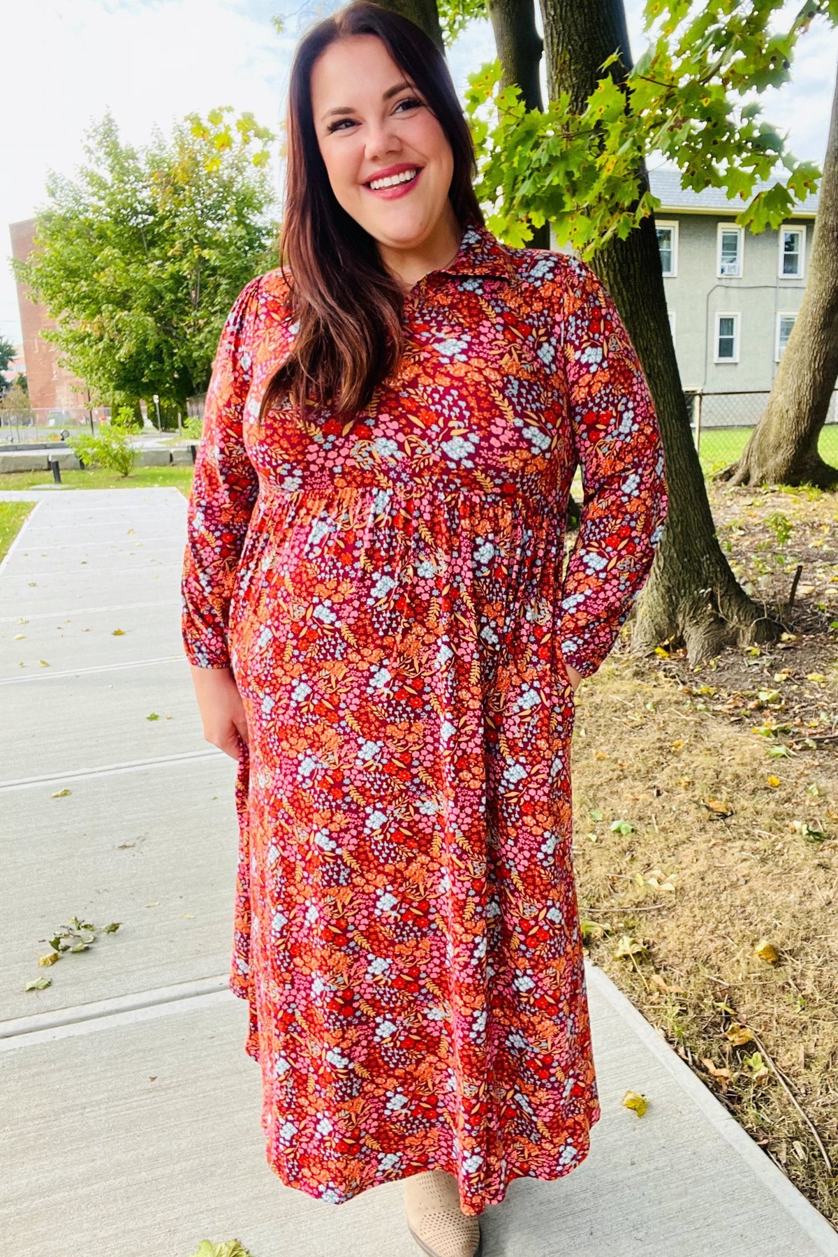 Casual Living Burgundy Floral Collared Fit & Flare Maxi Dress