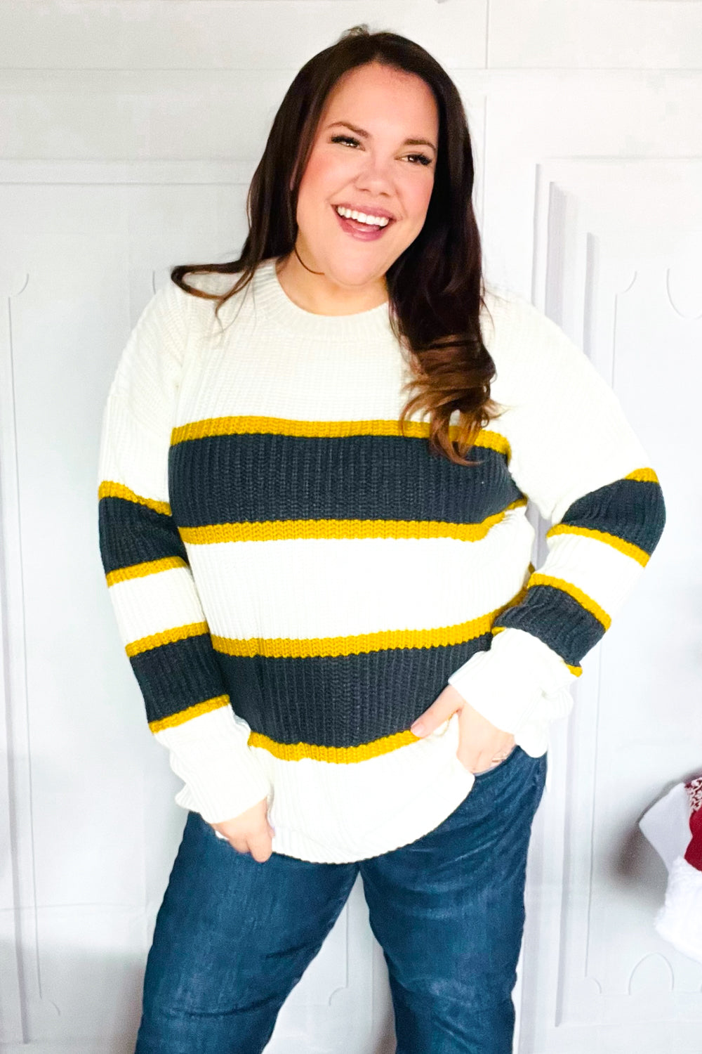 Casual Chic Yellow & Ivory Stripe Oversize Knit Sweater