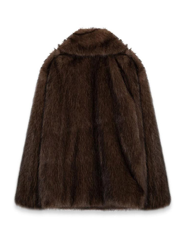 Solid Color Polo Collar Plush Faux Fur Coat