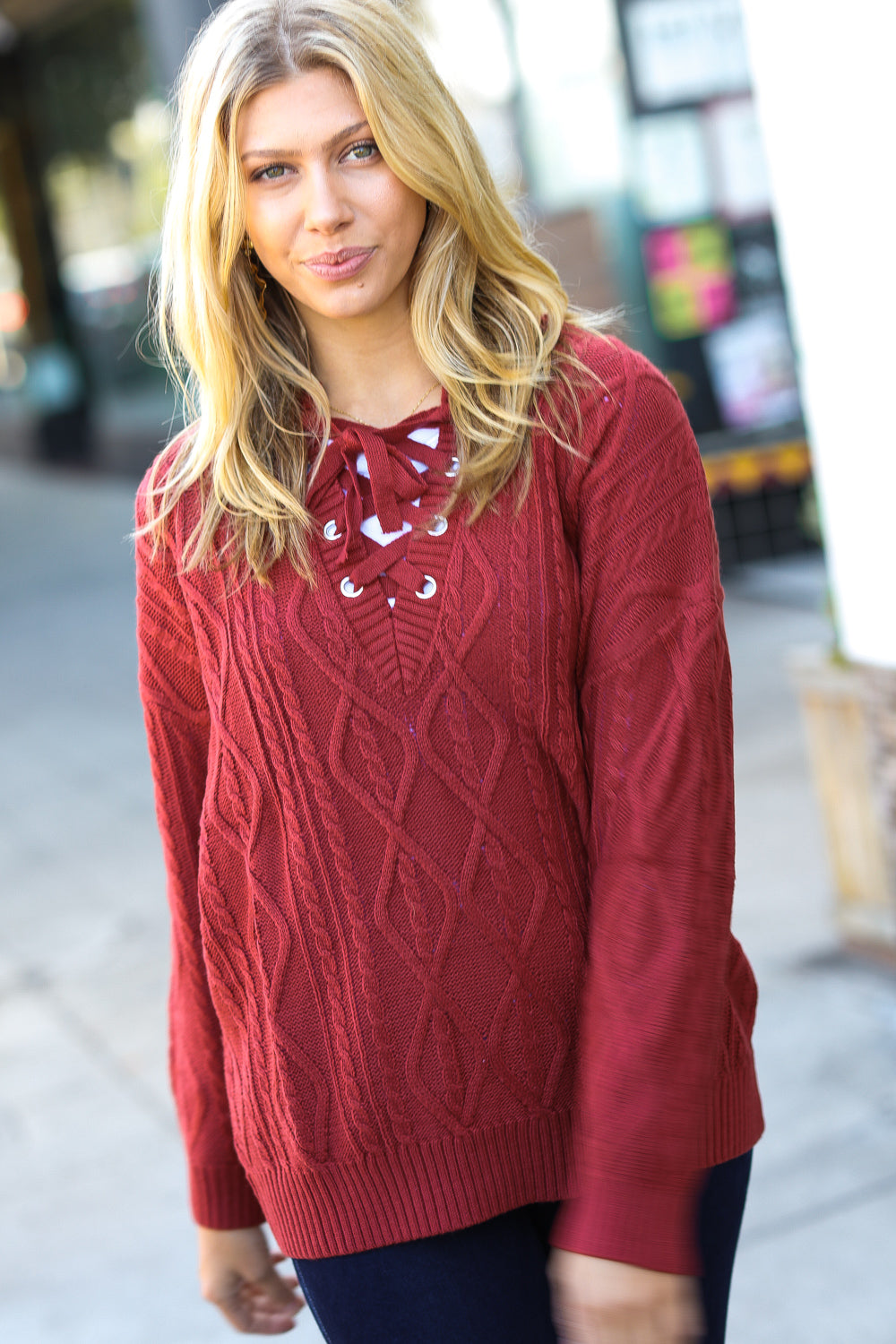 Fall Vibes Rust Cable Knit Lace Up V Neck Sweater