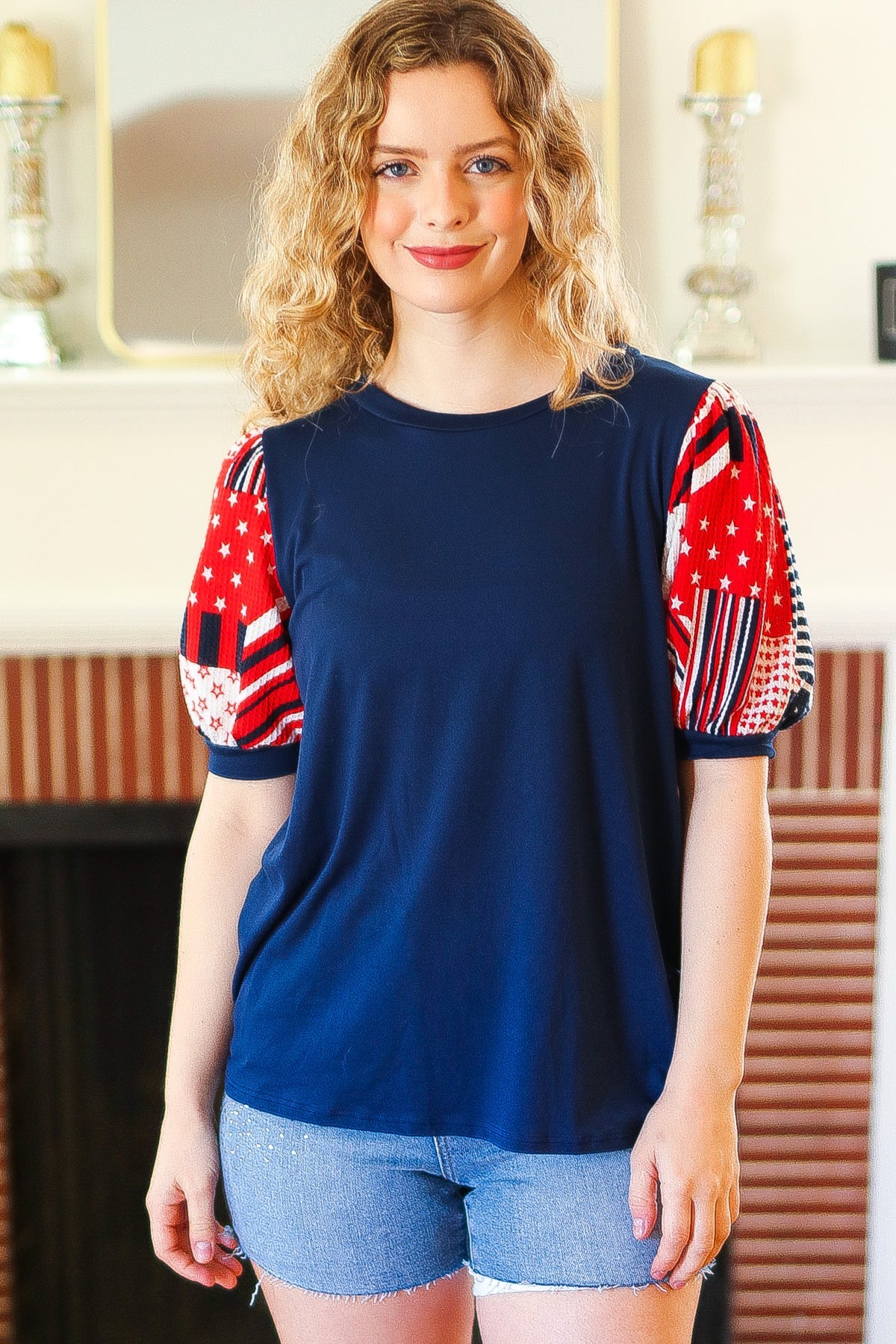 Stand-Out Navy Patriotic Patchwork Puff Sleeve Top