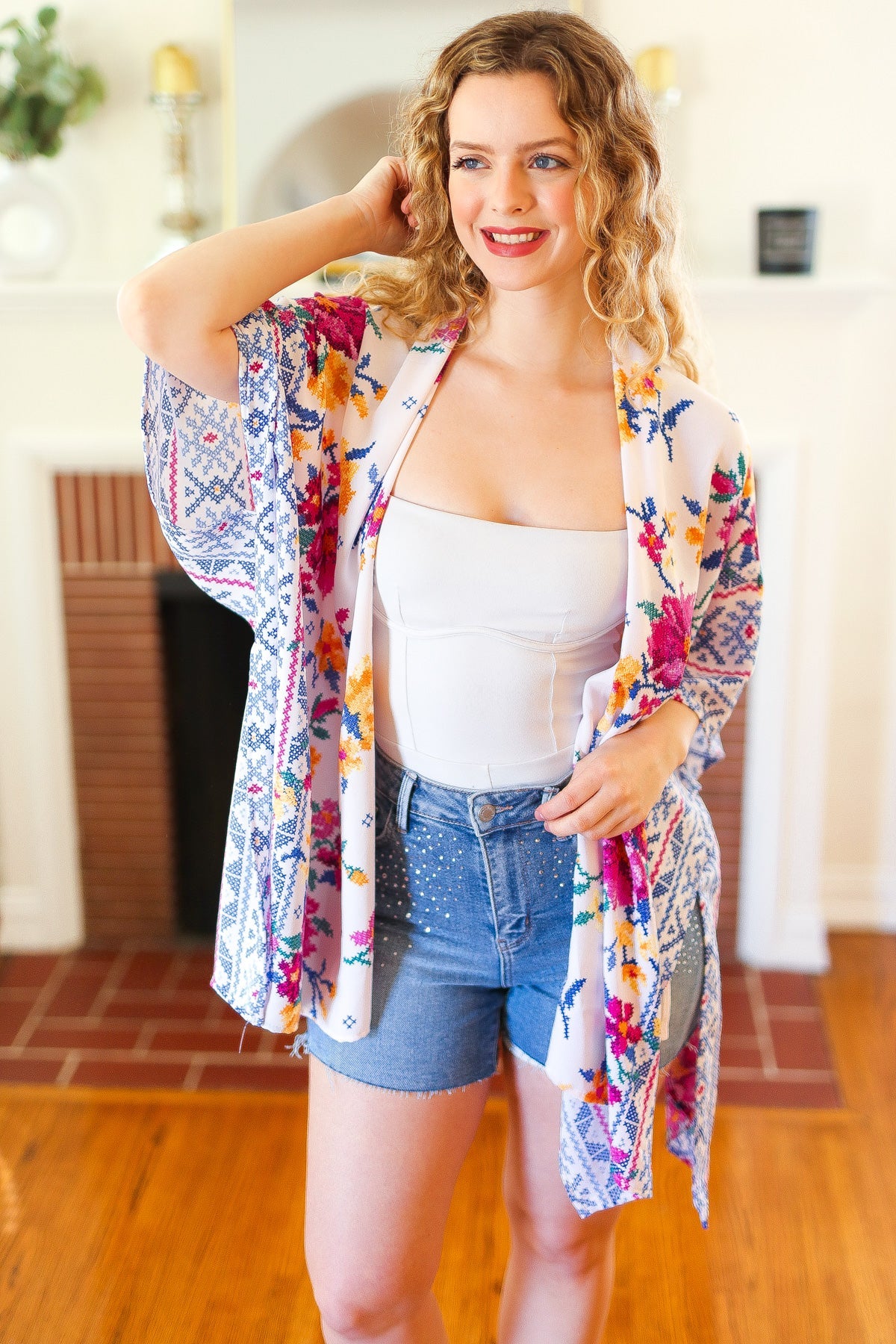 In Your Dreams Ivory Floral Border Print Open Kimono