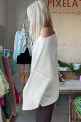 White Asymmetric Neck Drop Shoulder Baggy Slouchy Sweater