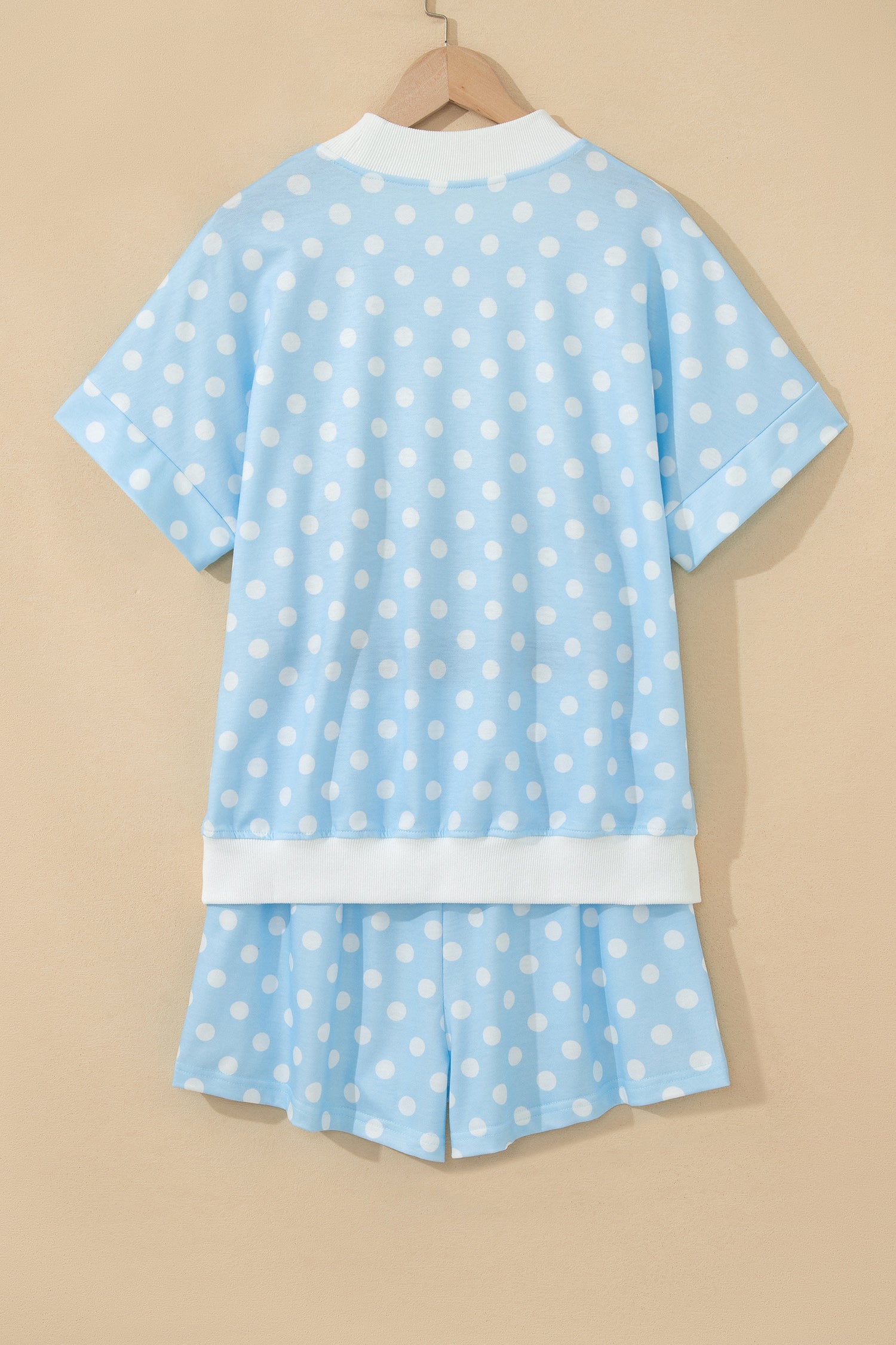 Pink Polka Dot Print Color Block Trim Mock Neck Short Set