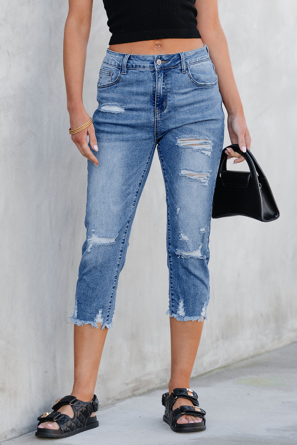 Sky Blue Skinny Distressed Capri Jeans