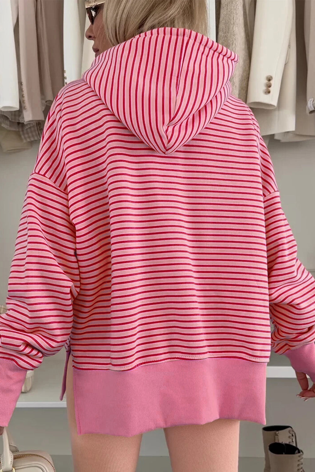 Rose Stripe Thumbhole Side Slits Drop Shoulder Loose Fit Hoodie
