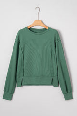 Evergreen Solid Color Raw Seam Patchwork Ribbed Drop Shoulder Sweatshirt