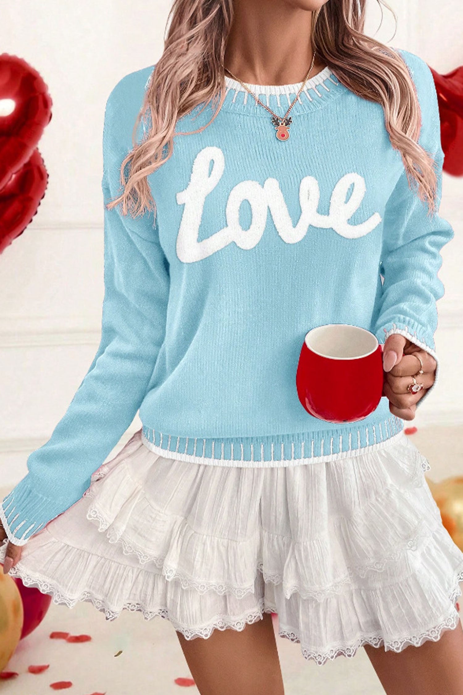 Pink Valentine Love Chenille Letter Graphic Sweater