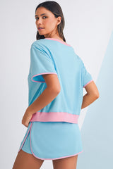 Turquoise Colorblock Edge Drop Shoulder T Shirt and Skort 2Pcs Set