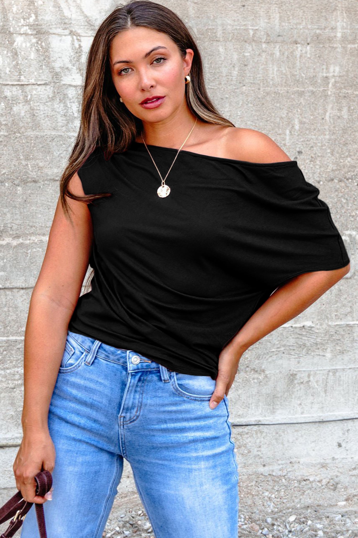 Burgundy Plus Size Solid Color Asymmetric Neck Short Sleeve Blouse