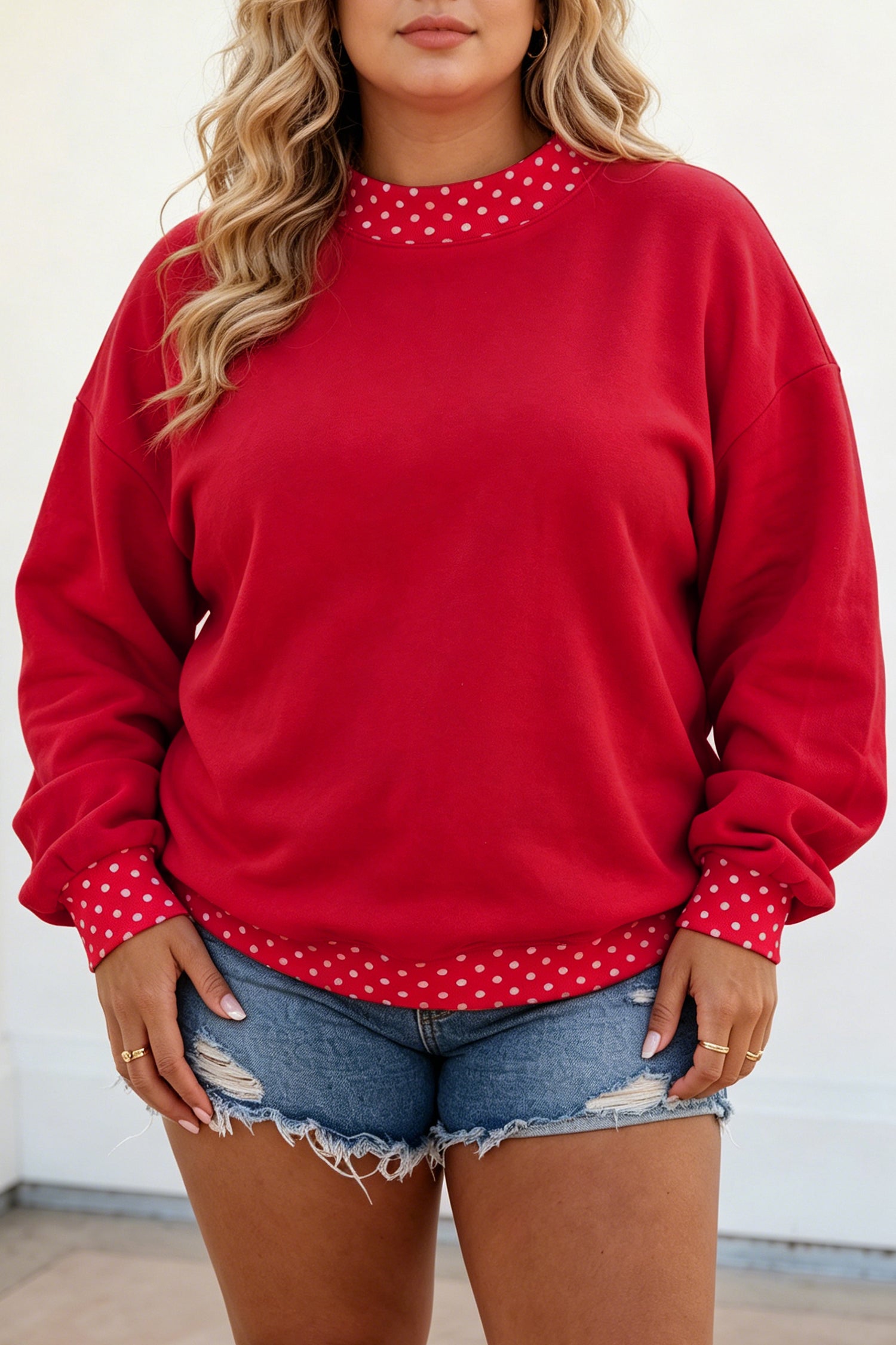 Dark Green Polka Dot Patchwork Round Neck Plus Size Sweatshirt