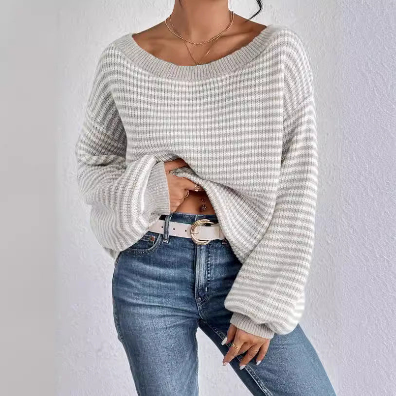 Off-neck Shoulder-baring Sweater Contrast Color