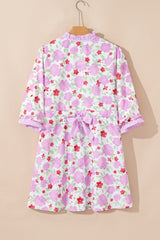 Pink Floral Print Striped Trim Flowy Mini Dress