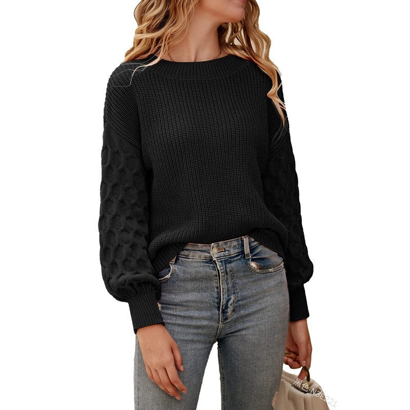 Lantern Sleeve Knitted Solid Color Top