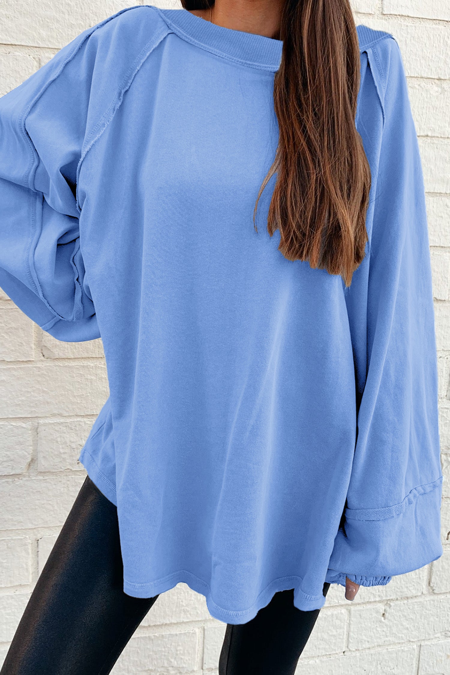 Orchid Petal Solid Color Raw Seam Patchwork Baggy Sweatshirt