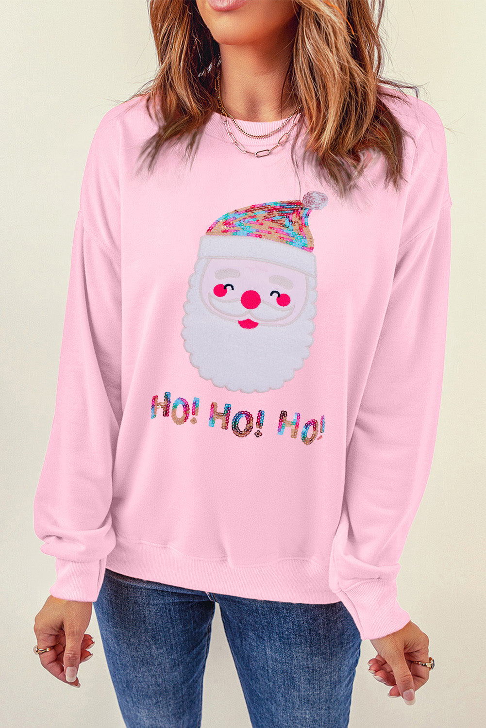 Pink HO HO HO Sequined Santa Claus Graphic Patch Application Sweatshirt