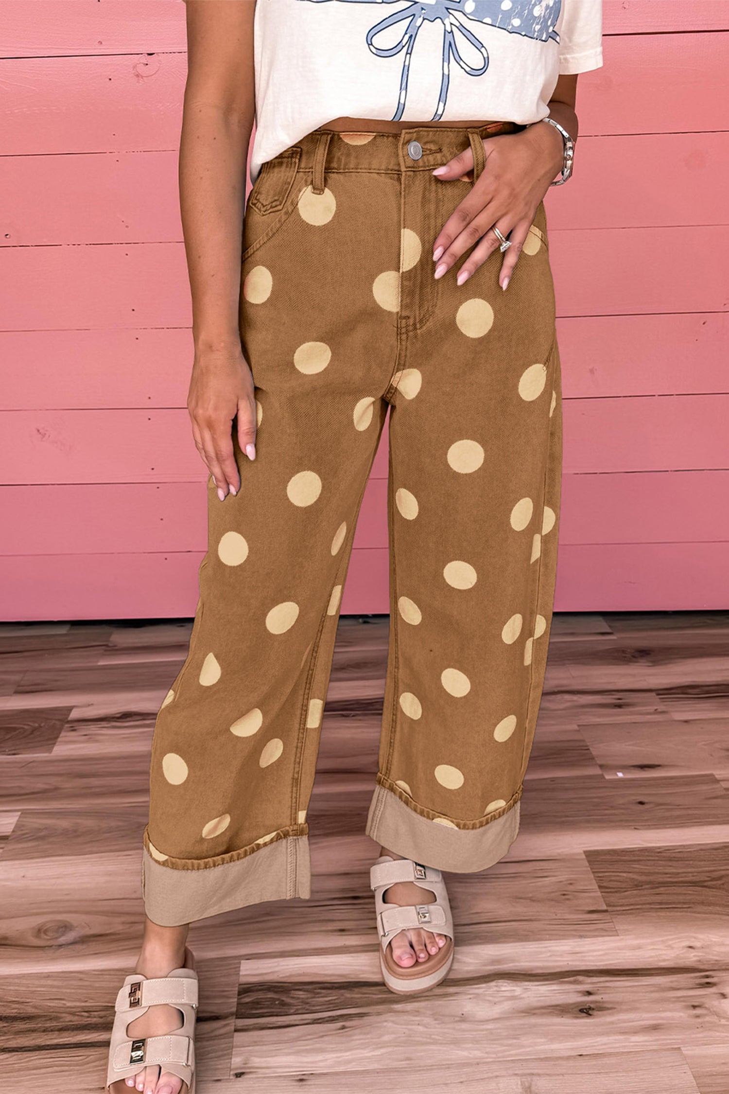 Sky Blue Polka Dot Ankle-Length Metal Button Casual Jeans