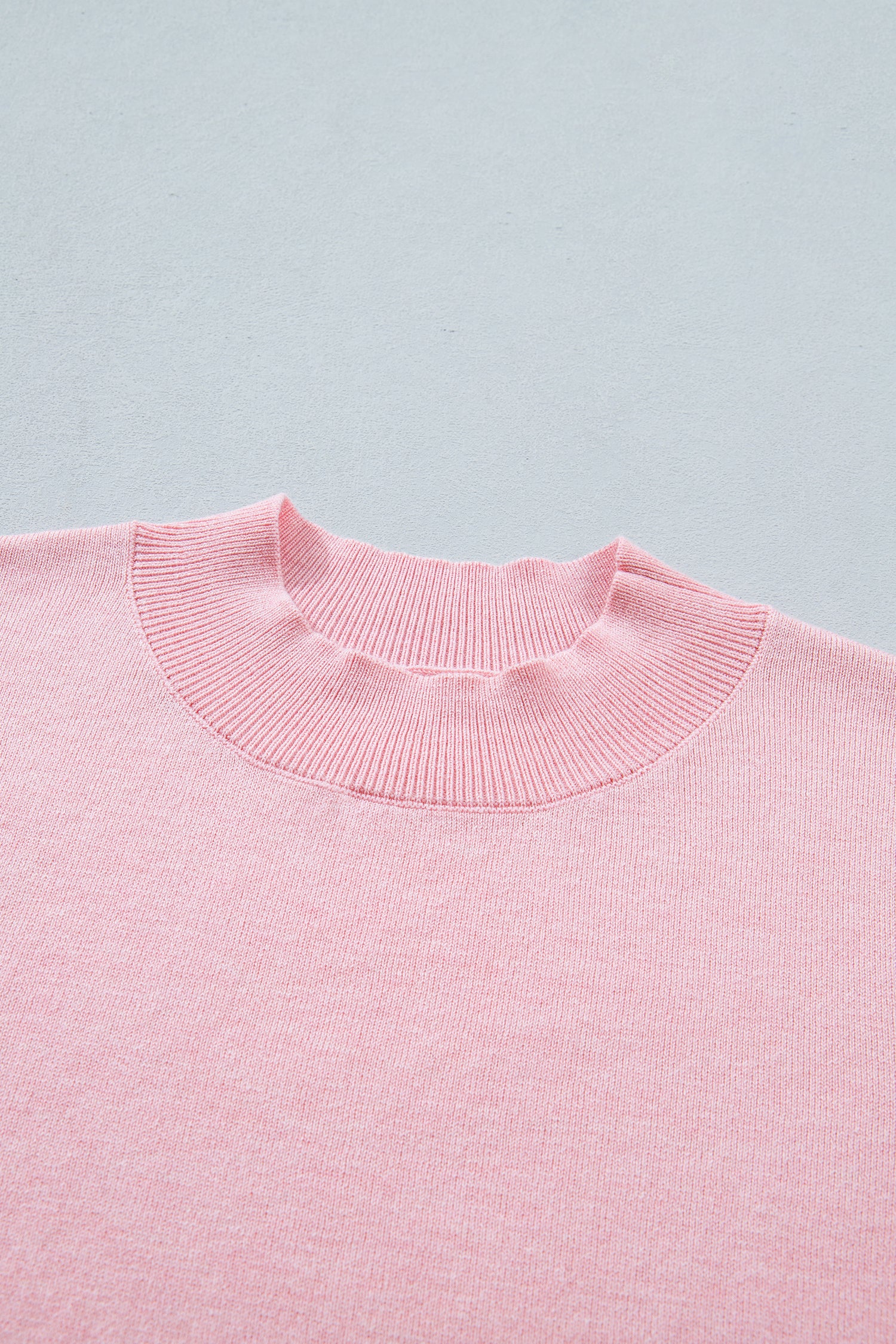 Pink Stand Neck Contrast Wavy Trim Short Sleeve Sweater