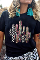 Black Mixed Pattern Cactus Graphic Print Relaxed T-Shirt