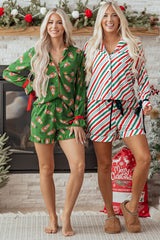 Pink Christmas Candy Contrast Trim Bow Knot Silky 2pcs Pajama Set